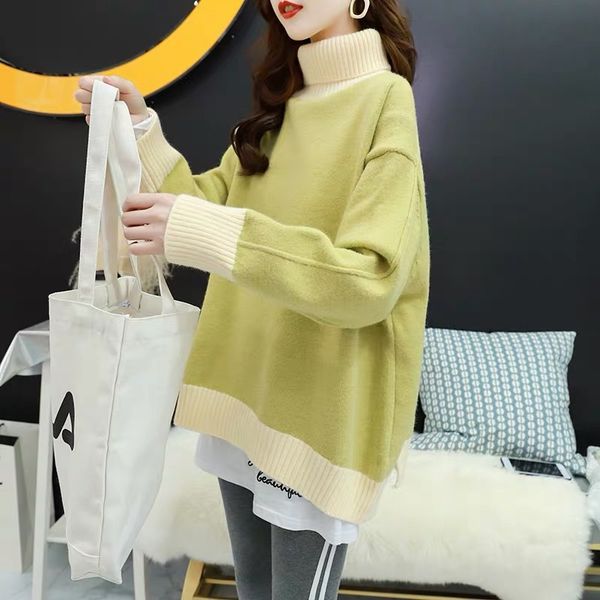 

long-sleeved colorblock turtleneck sweater women loose lazy wind plus size knitted bottoming sweater pullover female spring 2020, White;black