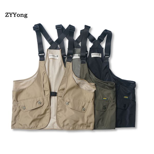 

men vest sleeveless jacket retro fashion streetwear hip hop coat male female japan korea style loose function waistcoat clothing, Black;white