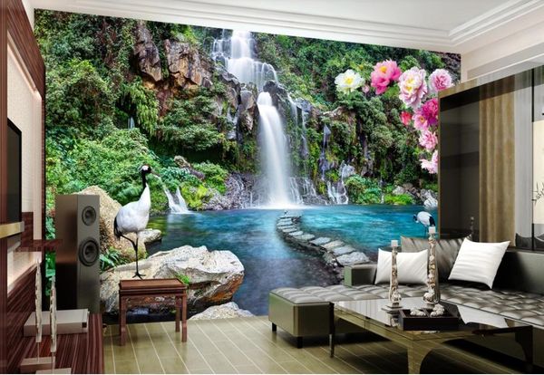 Cachoeira da montanha 3D mural paisagem parede papel de parede moderno para sala de estar