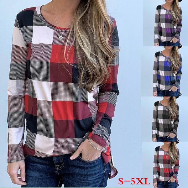 

spring 2020 casual women's popular long sleeve round neck printed plaid large t-shirt dropshipping, White