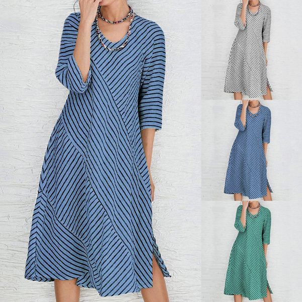 

summer dress 2019 women's casual o-neckline dress stripe print splice half sleeve loose party night vestidos de verano 30, Black;gray