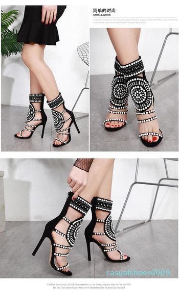 

woman summer gladiator sandal new fashion rhinestone high heel fish mouth beaded sandal stiletto roman women black zipper c09