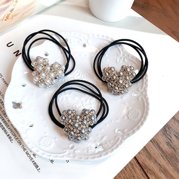 

2020 new simple sweet korea imitation pearl rhinestone heart elastic hair rubber bands for women fashion jewelry accessories, Slivery;white