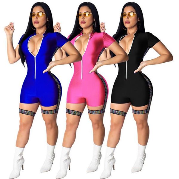 

fashion women jumpsuit short sleeve zipper rompers summer bodycon jumpsuits v neck one piece bodysuit night club romper s-2xl, Blue