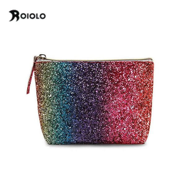 

dropshipping women travel cosmetic bag rainbow sequins make up bag zipper lip girl makeup organizer storage bags toiletry