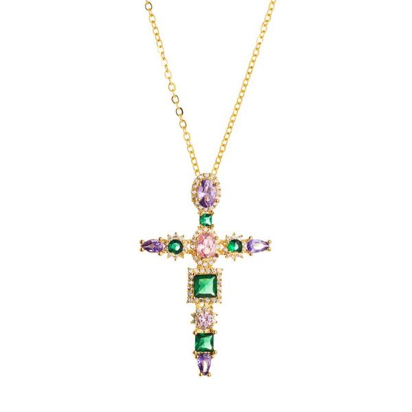 

cz fashion rainbow color cross copper pendant necklace for woman luxury rainbow color zirconia choker necklce for lovers, Silver