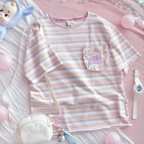 

xiasen home homemade striped t-shirt girl short sleeve loose student pure cotton cute t-shirt soft girl ins, White