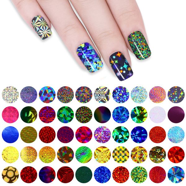 

50 pcs shimmer holographic starry sky nail foil 4*20cm colorful nail glitter transfer sticker manicure art diy decoration, Black