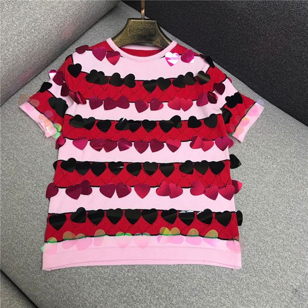 

luxury designer brand knitted for women o neck short sleeve colorblock striped love sequined knitted pullovers pink, White;black
