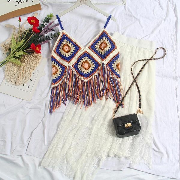 

bohemian beach girl 2020 summer short with crocheted sling tassels shirt womens knitwear nancylim, White