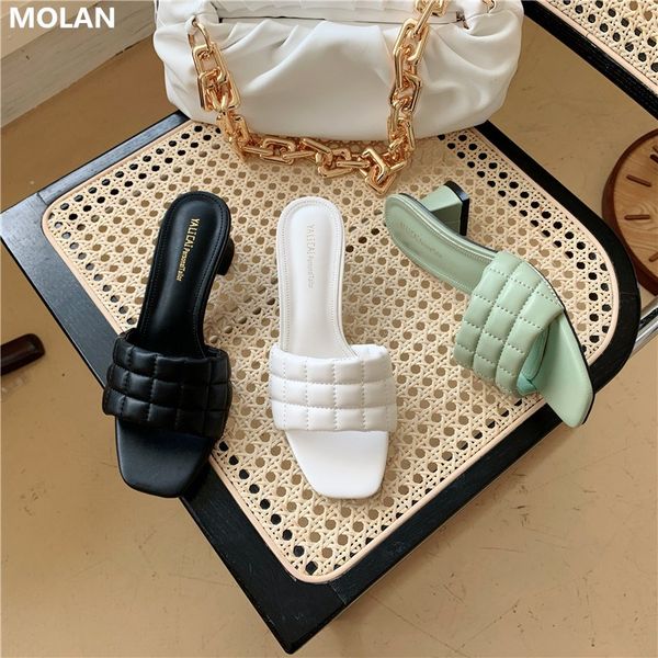 

molan designers 2020 summer fashion elegant good leather square toe med heels lady pumps mules flip flops outside, Black