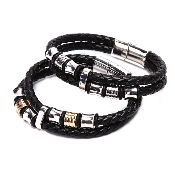 

fashion men double layer braided leather steel clasp bracelet handmade jewelry gifts, White