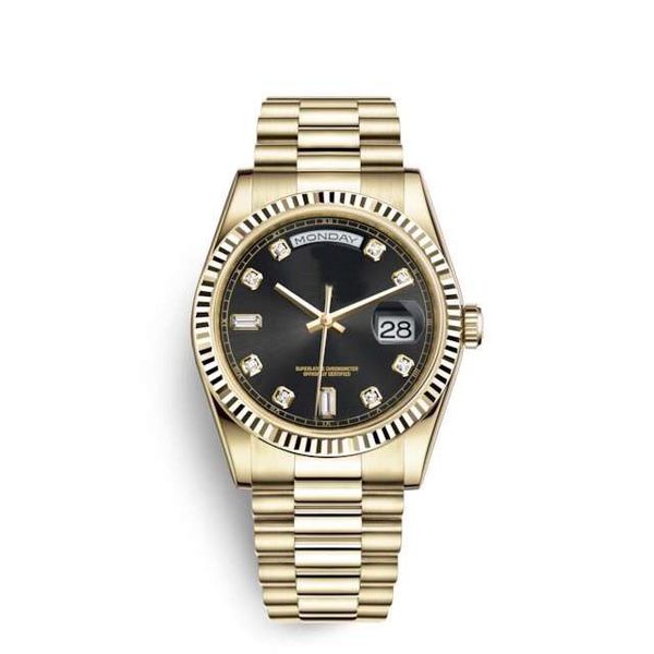 

day and date diamond hour markers mens wristwatches automatic mechanical sapphire 41mm black dial watches yellow gold men watch, Slivery;brown