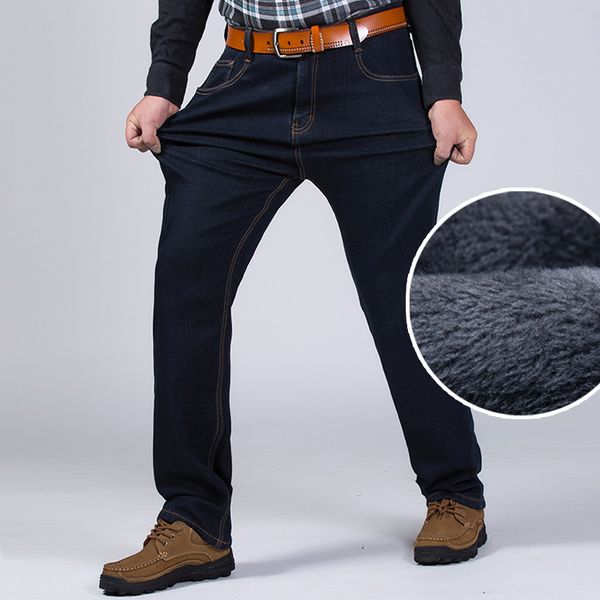 

winter classic big size fleece jeans for man baggy warm black business denim trousers men's stretch office overalls pants 2xmr24, Blue