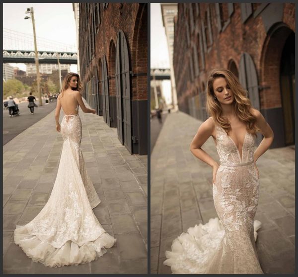 2020 New Berta Pizzo Abiti da sposa Sirena Scollatura profonda Illusion Corpetto Sweep Train Sexy Aperto Indietro Abiti da sposa