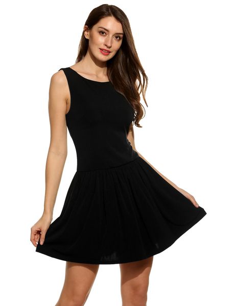 

large women's solid color sleeveless short skirt round neck open back dress