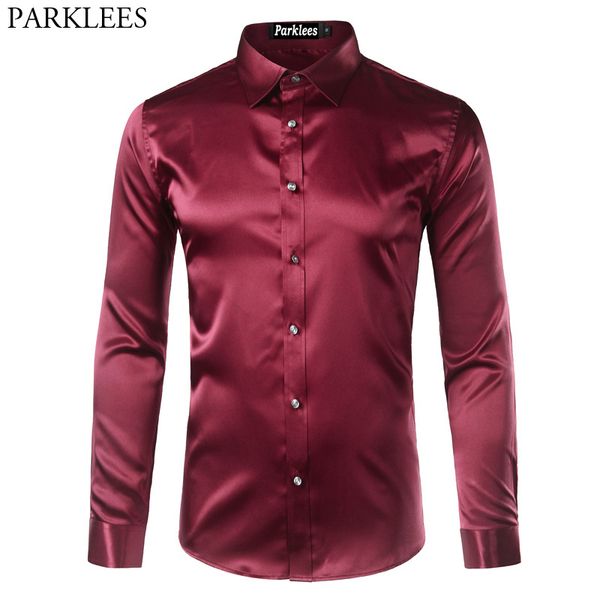 

fashion casual mens silk satin dress shirts 2017 emulation silk slim fit shirt men chemise homme business wedding male shirts, White;black