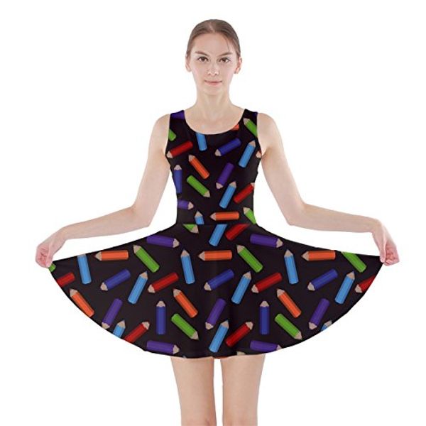 

cowcow womens christmas dress vintage xmas trees santa deer rainbow pencils pattern skater dress, Black;gray