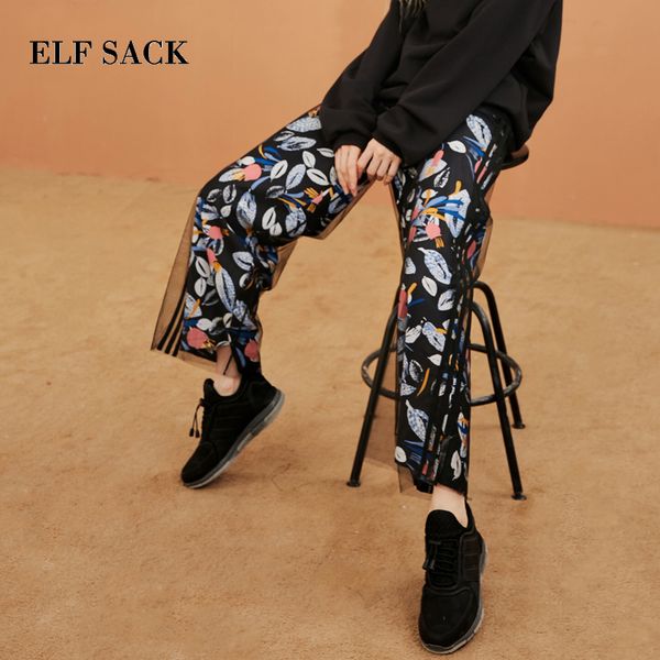 

elf sack new woman pants bohemian full length print mid waist women wide leg pants loose cute bottoms femme pant female trousers y190502, Black;white