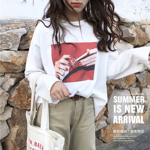 

2019 new spring fashion long sleeve white printed women t-shirt basic casual loose tees for girl