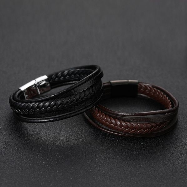 

casual multilayer bracelet men fashion braided leather bracelets stainless magnetic wrap bracelet wristbands punk men jewelry, Golden;silver