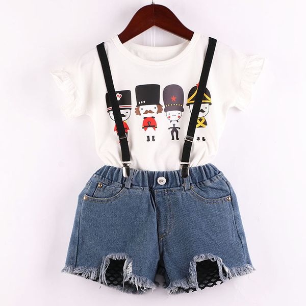 

new summer kids girls clothing sets strap set british cartoon soldier ruffled t-shirt + mesh denim shorts children clothes, Red;yellow