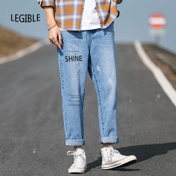 

2020 прямые джинсы мужские брюки корейский весна мода письмо джинсовые брюки мужчины японский повседневная свободные мужские джинсы, Blue