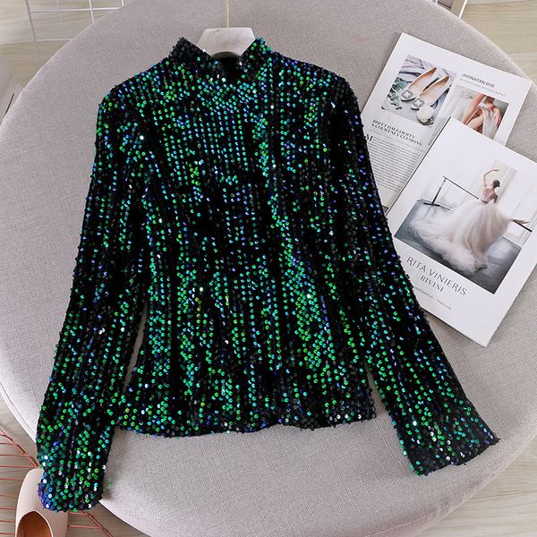 

shiny sequined women t shirt solid spring 2020 high fashion streetwear t-shirt long sleeve korean tee new, White