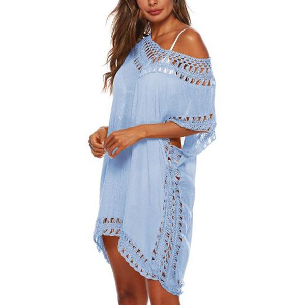 

women loose holiday blouse solid sunscreen bathing short sleeve pierced edge bikini cover up fashion beach wear swim v neck, Blue;gray
