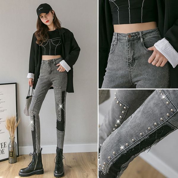 

rivets jeans for women high waist tunic ankle length denim trousers female fashion pencil pants 2019 autumn, Blue