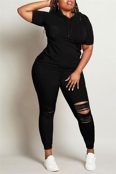 

ripped short sleeve long pants womens 2pcs sets casual females clothing solid color womens designer tracksuits fashion, Gray