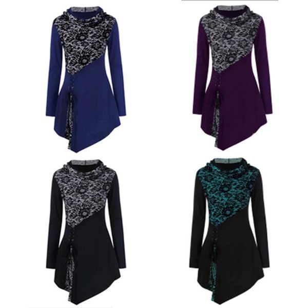 

women's long sleeve slim slender printing dyaing floral flowers lacing round neck bandage irregular party casual t-shirt, White