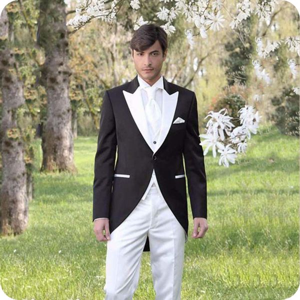 

black tailcoat men suits for wedding tuxedo groom wear white peak lapel long blazer jacket 3piece morning dinner latest design costume homme, Black;gray