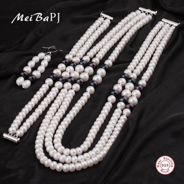 

meibapj]2018 new fashion natural freshwater pearl jewelry sets s925 sterling silver fine party and wedding charm fine jewelry, Black