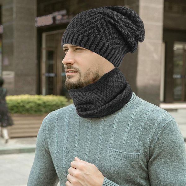 

winter scarf hat set for women men windproof warm cotton ring scarf hat solid simple beanie 12.6, Blue;gray