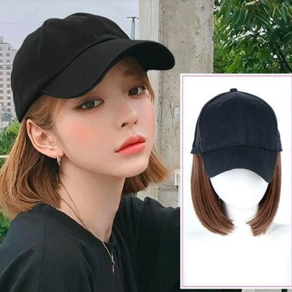 

2019 new arrival adjustable baseball hat with short hair wigs bob hair synthetic hat for women summer wig cap casual outdoor, Black