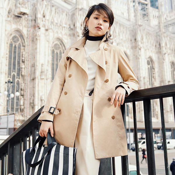 

inman women autumn dress solid color cotton lapel trench coat, Tan;black