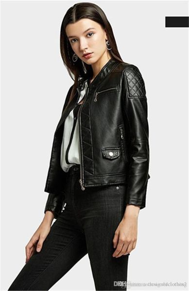 

long sleeve stand collar ladies outerwear with zipper skinny faux leather jackets autumn pu short womens coats casual, Black