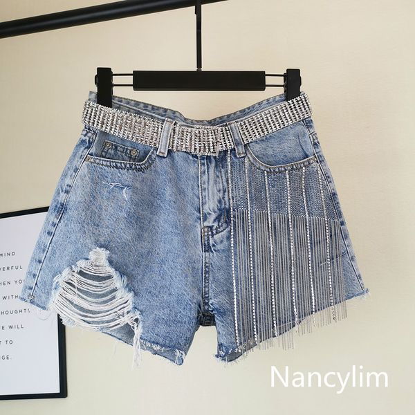 

nancylim pants 2019 summer new korean women's wide legs drilled holes high waist loose fringed jeans shorts girls lady, Blue