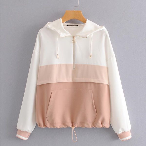 

wt867 women casual color block with hat zipper deco long sleeve loose jacket jumpers autumn ladies outwear, Black;brown