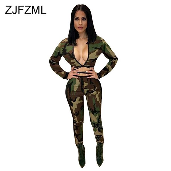

camouflage print 2 piece outfit for women deep v neck long sleeve short bodycon pant night club party tracksuit sweatsuit, White