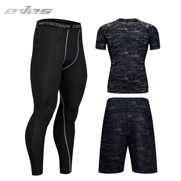 

eves 3pcs compression men shirt sets run jogging suits sports clothes long t-shirt pants gym fitness workout tights clothing, Black;blue