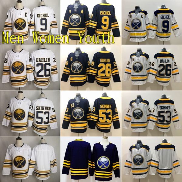 

men women youth buffalo sabres jerseys 26 rasmus dahlin 15 jersey 9 jack eichel 53 jeff skinner 90 marcus johansson ice hockey blue white, Black;red