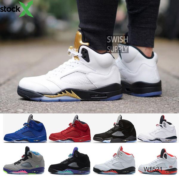 

new 5 5s men jordon basketball shoes premium heiress camo metallic field red blue suede white cement triple nakeskin jordan retros, Black