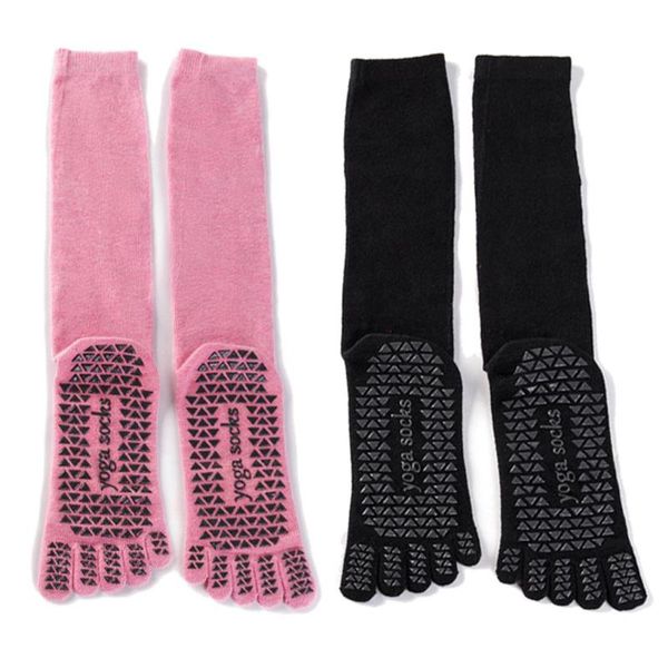 

yoga sock women silicone non-skid sock five-finger fitness cotton sports gym pilates ballet knee-high for foot massage, Black