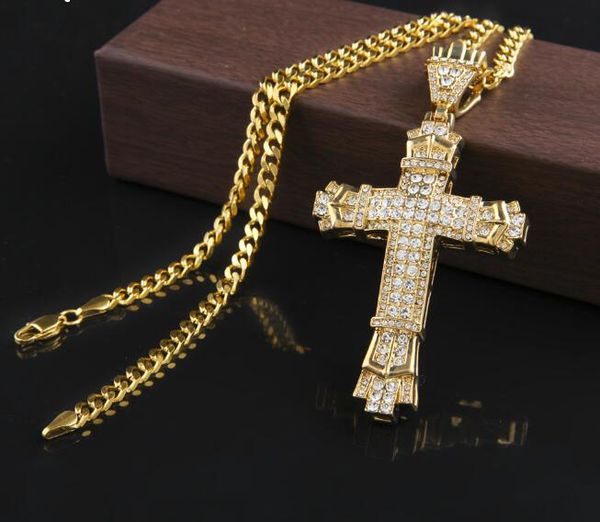Neue Retro-Silber-Kreuz-Charm-Anhänger voller Ice Out CZ simulierte Diamanten katholische Kruzifix-Anhänger-Halskette mit langer kubanischer Kette GB 1491