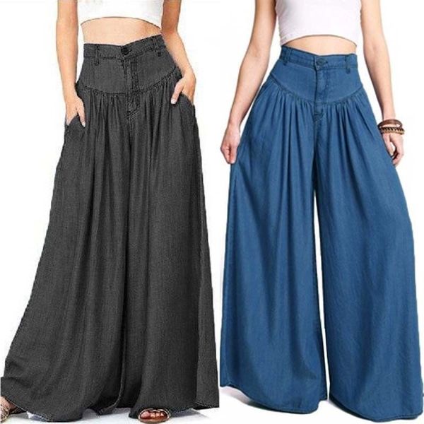 

women pantalon wide legs long pants casual high waist trousers plus size, Blue