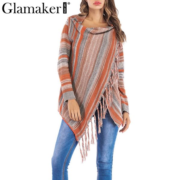 

glamaker striped long sleeve tassel sweater women knitted christmas sweater cardigan female outwear button winter autumn, White;black