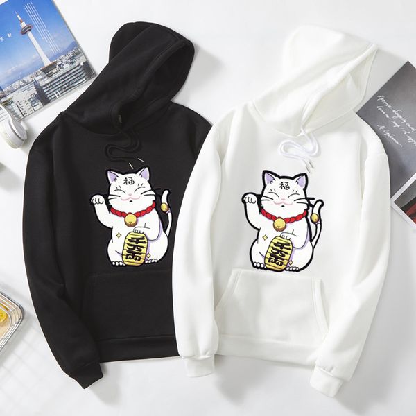 

lucky cat cartoon print hoodies 2019 harajuku autumn winter new oversized warm sweatshirt harajuku hip hop kawaii couple clothes, Black