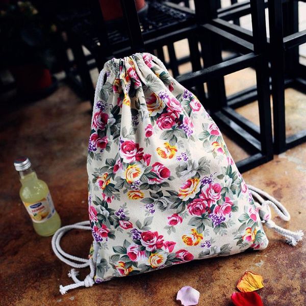 

женский цветочный холст рюкзак мода drawstring рюкзак белой кулиски моды сумка schoolbag хозяйственной сумка